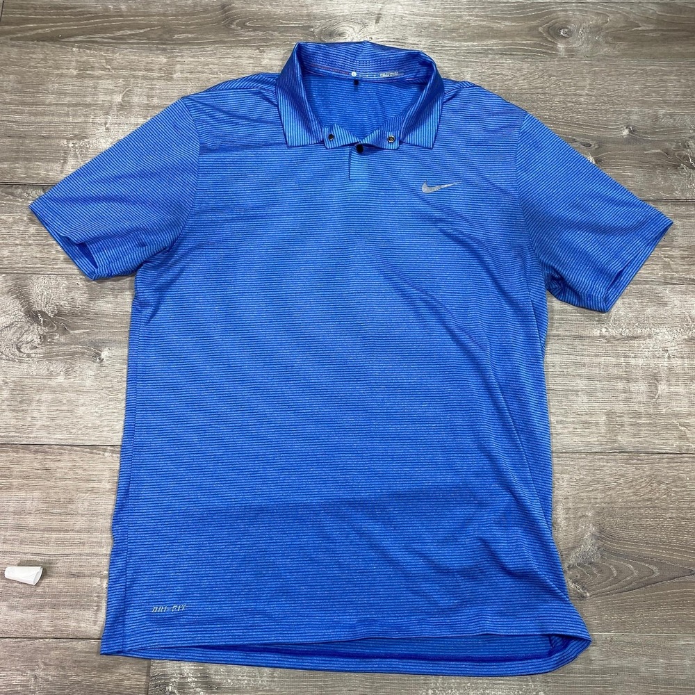 Nike Tiger Woods Collection Polo Shirt Mens Large Blue Striped Dri-FIT Golf